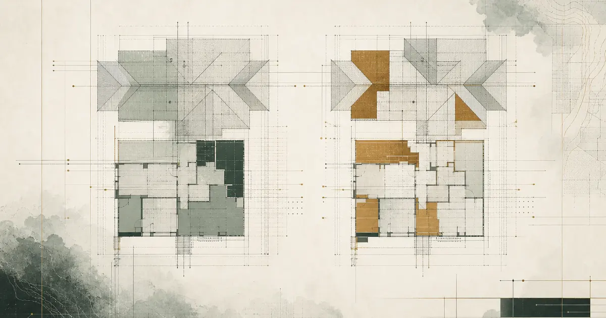 Two architectural scope plans with measured quantity and line-item variance overlays.