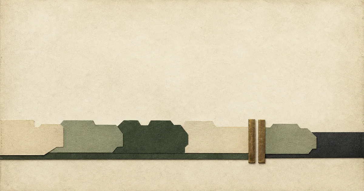 A horizontal chronology of blank evidence tabs passes through a bronze professional handoff gate.