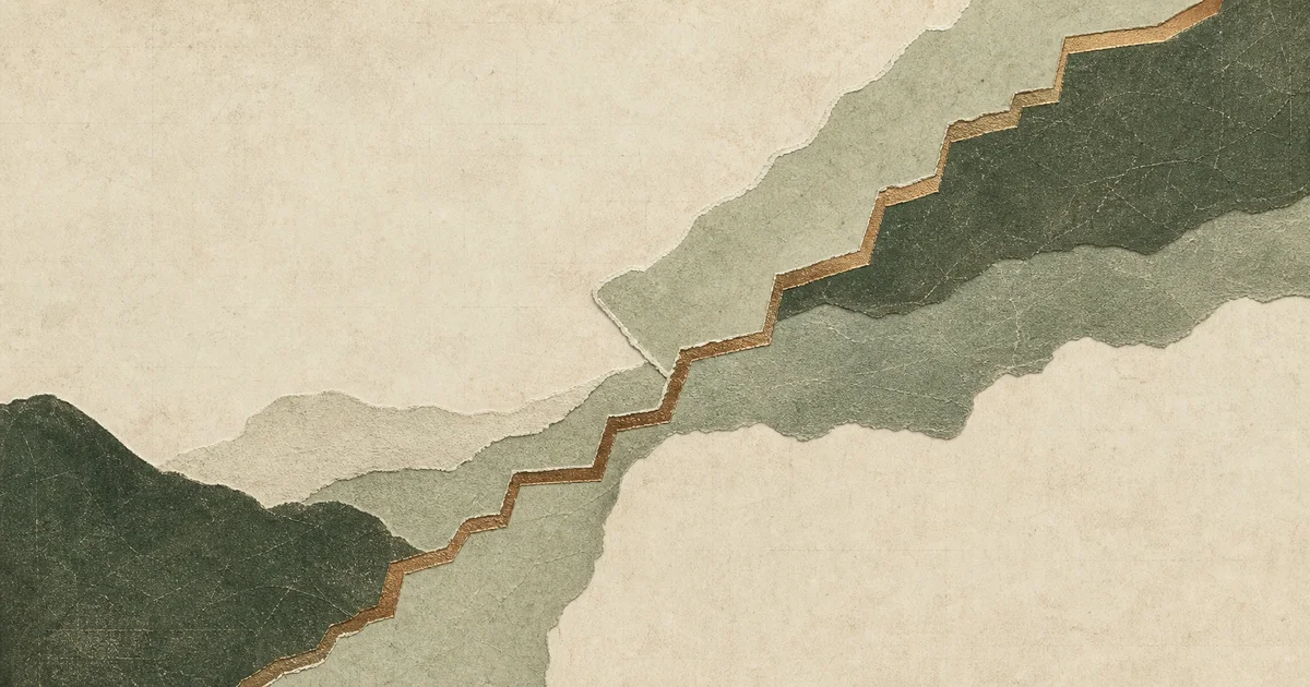 Irregular material swatches bridge a diagonal repair seam marked by a bronze continuity path.