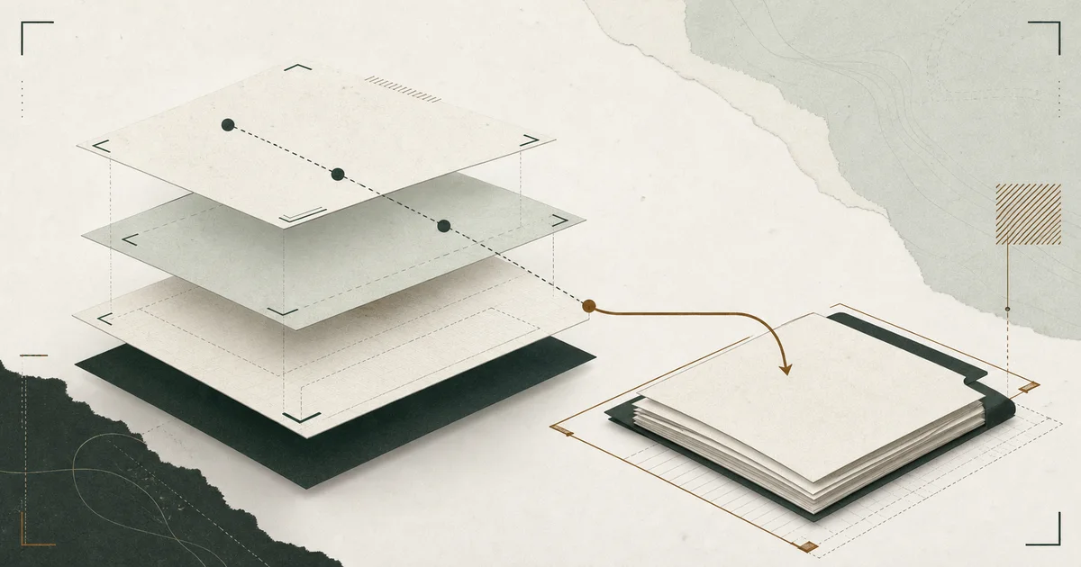 Layered estimate planes follow a bronze delta path into one organized supplement packet.