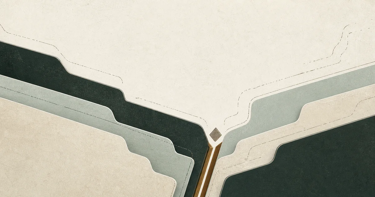 Opposing layered claim-file tabs converge at a narrow bronze appraisal junction.