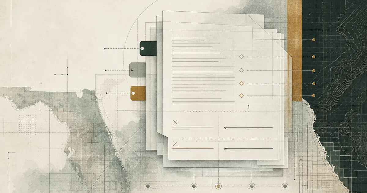 Layered contract pages with disclosure tabs, signature positions, and a preserved-copy trail.
