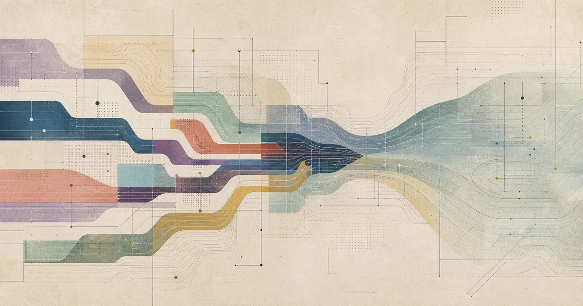 Multicolor claim-workflow paths converge into a shared blue-green guide atlas.