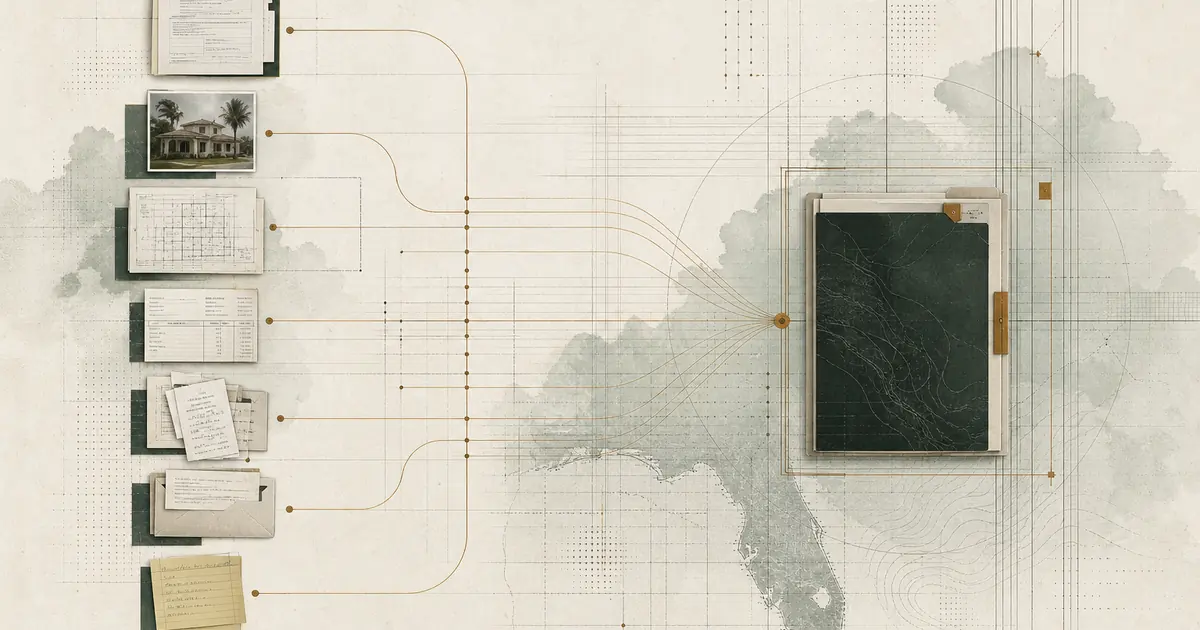 Policy, photo, estimate, invoice, and correspondence layers flowing into an indexed archive.