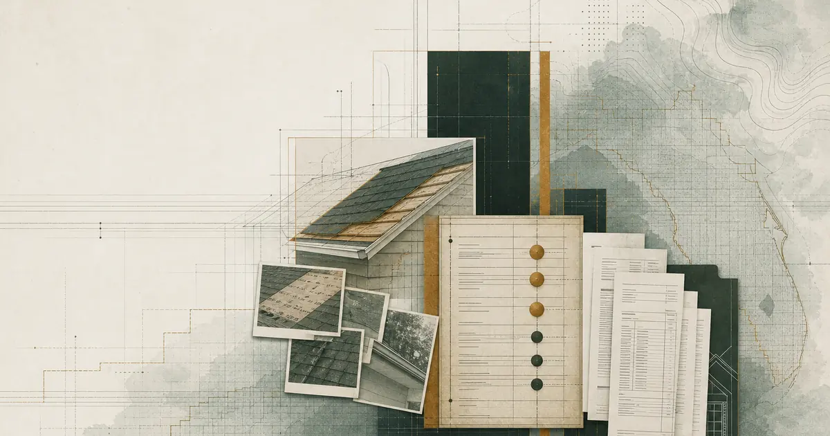 Roof, invoice, holdback, and recovery records progressing through an evidence ledger.