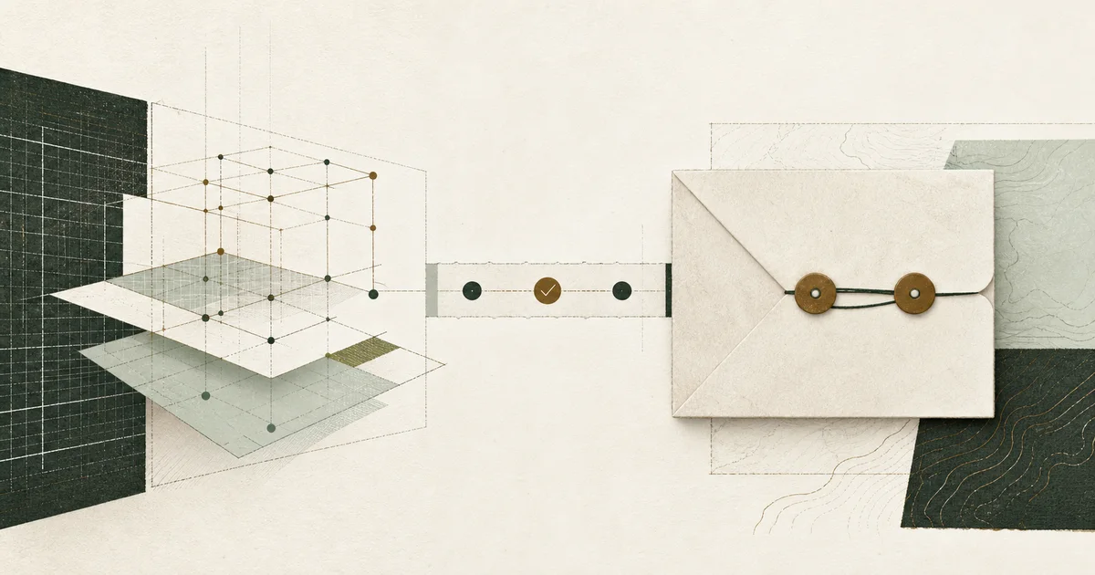 A measurement lattice connects through a quality-control bridge to a sealed estimating handoff packet.
