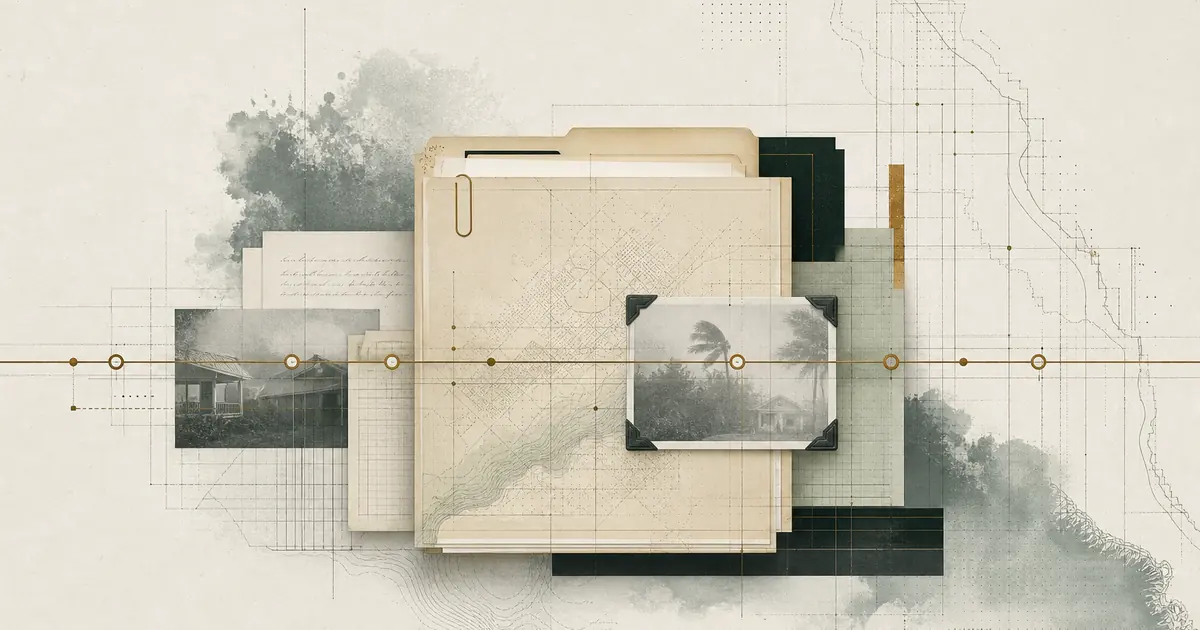 Layered claim folders and evidence records connected by an uninterrupted brass timeline.