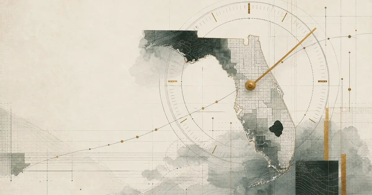 Florida parcel map and storm track organized around a precise claim milestone dial.