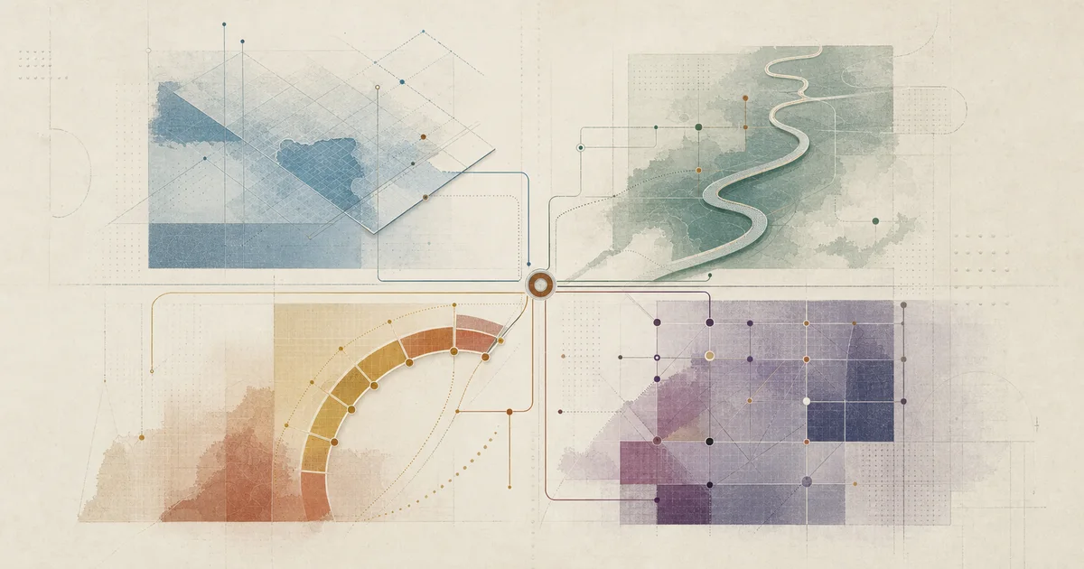 Four blue, teal, clay, and plum working fields connect to one shared resource anchor.