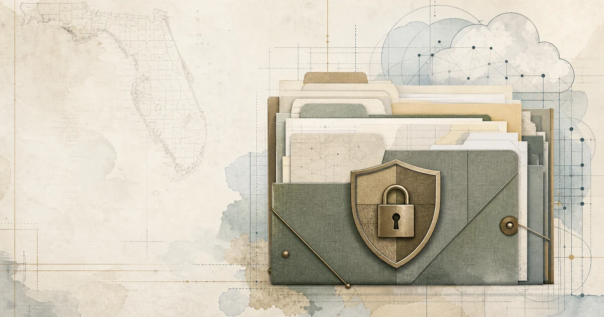 Layered claim folders protected by a bronze shield beside a mapped Google Cloud network.